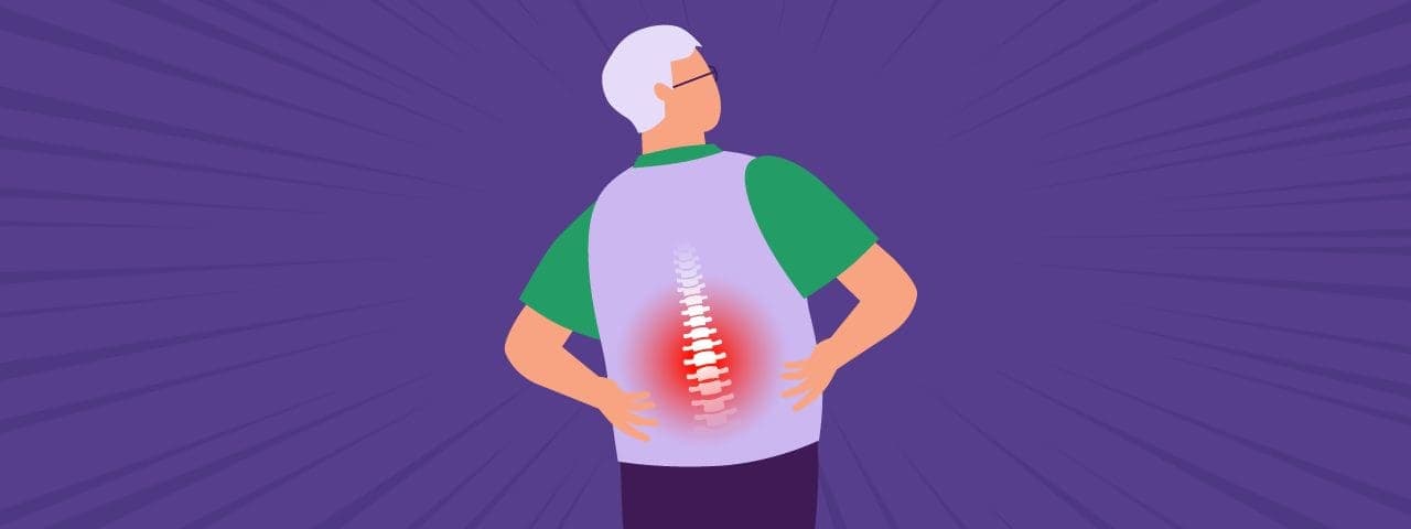 Illustration of older man holding his lower back, showing red radiating pain coming from his spinal column